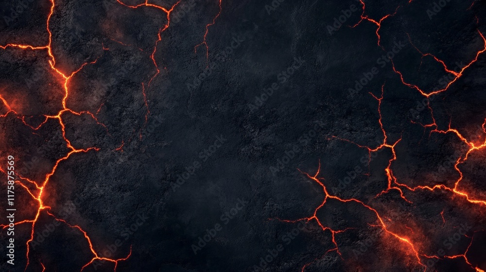 Poster dramatic ground surface is cracking during a heatwave, with glowing orange magma flowing through the