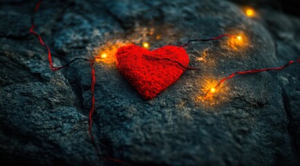 Fototapeta premium Bright red heart decorates a rocky surface with glowing string lights adding warmth to the atmosphere at twilight