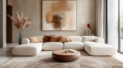 Modern minimalist living room, cream L-shaped sofa, round coffee tables, abstract wall art, neutral color palette, natural light, wooden floor, textured rug, dried pampas grass, sculptural decor, clea