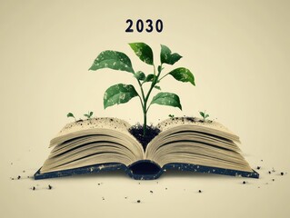"Illustration of an open book with growing plants symbolizing sustainable development goals AI generated
