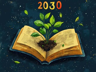 "Illustration of an open book with growing plants symbolizing sustainable development goals AI generated