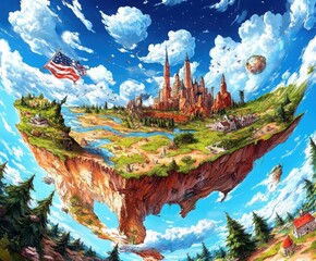 Obraz premium Enchanted Floating Island with Castle and American Flag in Sky