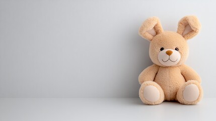 Fototapeta premium Beige plush bunny toy with smiling face, upright ears, minimalistic design on a light gray background, soft and cuddly stuffed animal for children, toy photography with copy space