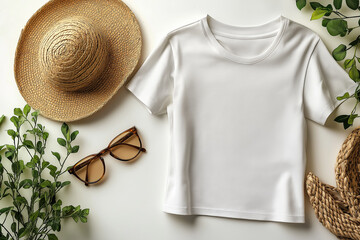 Stylish summer outfit arrangement with white t-shirt, sunglasses, straw hat, and greenery on a light background