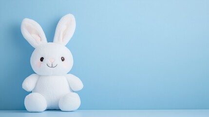 Fototapeta premium White plush rabbit toy with long floppy ears, minimalistic design on a bright blue background, soft and cuddly stuffed animal for children, playful toy photography with copy space
