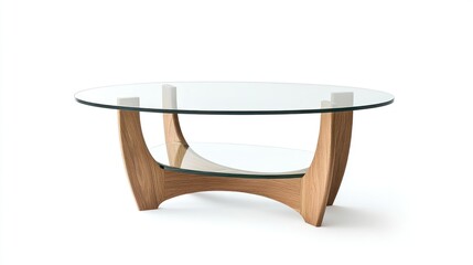 Oval glass coffee table with wooden base on white.