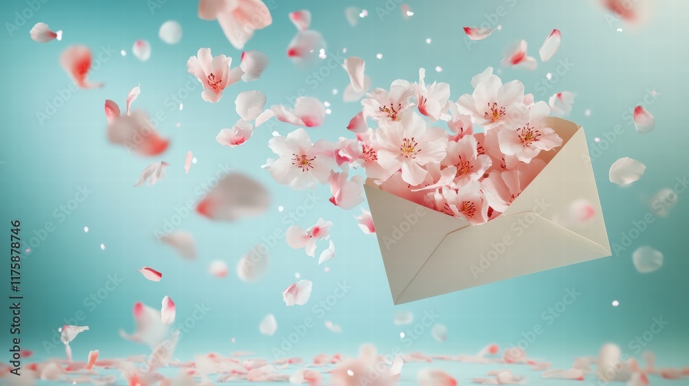 Poster Blossoming cherry petals overflow from an open envelope against a soft blue background. Generative AI