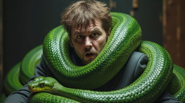 green python wrapped around man