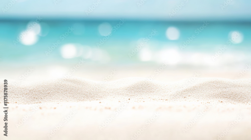 Poster blurring ocean waves gently washing over a pristine white sand beach on a sunny summer day, creating