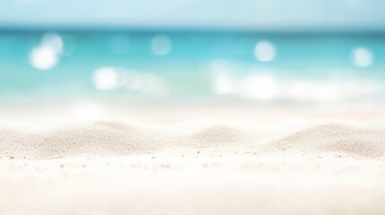 Blurring ocean waves gently washing over a pristine white sand beach on a sunny summer day, creating a serene and idyllic scene perfect for a relaxing vacation getaway