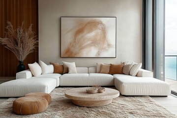 Modern luxury living room, minimalist design, large windows, panoramic view, cream modular sofa, round wooden coffee table, fluffy white rug, abstract circular wall art, beige and black color scheme, 