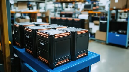 Black storage containers stacked on a blue table in a modern warehouse filled with organized supplies and equipment ready for distribution and logistics operations.