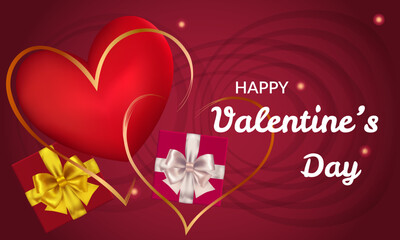 Red background with heart pattern and typography of happy Valentines day text. Realistic gift with bow on tape. Wallpaper, flyers, invitation, posters, brochure, banners. Vector illustration EPS 10