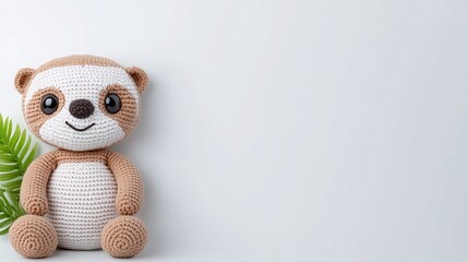 Fototapeta premium Beige crochet sloth toy with white face, seated on a white surface next to green leaves, handmade amigurumi soft toy, minimalistic design with copy space, gift or nursery decor