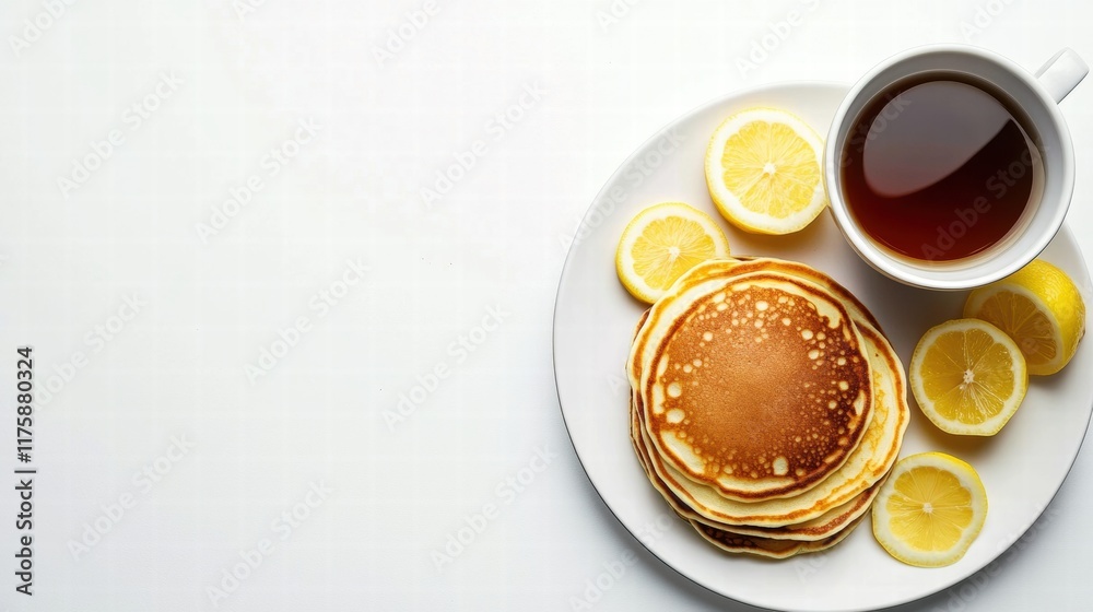 Poster fluffy pancakes served with lemon slices and a warm cup of tea for a delightful breakfast. generativ