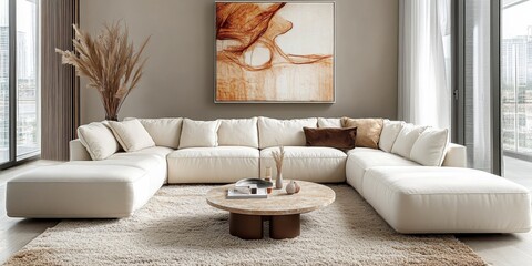 Modern luxury living room, minimalist design, large windows, panoramic view, cream modular sofa, round wooden coffee table, fluffy white rug, abstract circular wall art, beige and black color scheme, 