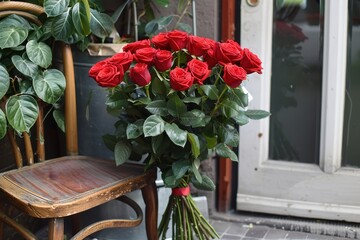 Bouquet of red roses placed near a brick wall at an entrance during daytime showcasing vibrant blossoms and lush green leaves