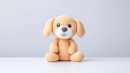 Light beige crochet dog toy with floppy ears, seated on a white surface, handmade amigurumi soft toy, minimalistic design with copy space, nursery decoration or gift idea

