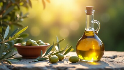 olive oil in a bottle and olives on a stone table