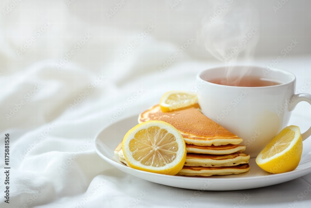 Aufkleber delicious stack of pancakes served with lemon slices and hot tea on a cozy breakfast table during mo