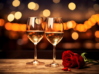 Abstract romantic Valentine's day background with two glasses of vine and blurry lights background 