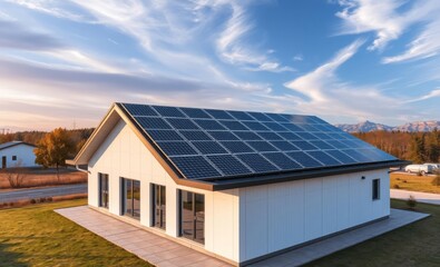 Solar panels, residential house, white building, blue sky, wispy clouds, sunset lighting, energy efficiency, sustainable living, modern architecture, suburban setting, clean energy, rooftop solar arra
