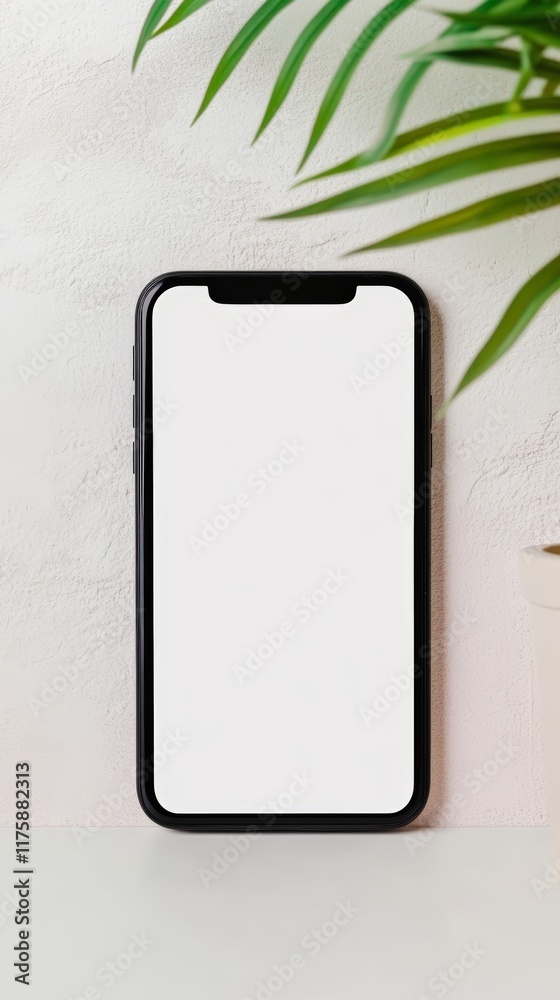 Poster modern smartphone with blank white screen displaying on table near plant with green leaves, perfect 