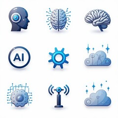 AI Technology Icons: Brain, Cloud Computing, and Machine Learning Symbols