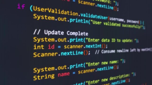 Code animation, animated colorful code scrolling on a realistic monitor screen is suitable for footage software development, coding scenes, and typing hacking scripts.