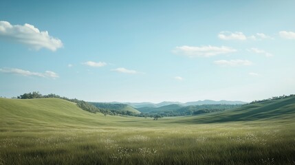 Obraz premium A wide-angle shot of Canberra’s scenic nature reserve featuring expansive grassy fields, rolling hills, and a bright blue sky dotted with fluffy white clouds, capturing natural beauty and tranquility.