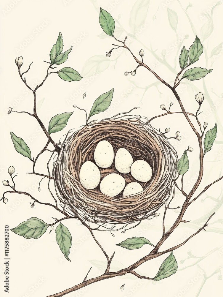Poster Doodle of a bird nest with eggs surrounded by branches and leaves in a serene and natural setting. Generative AI