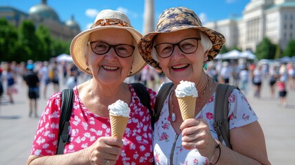 Two smiling senior women enjoy ice cream cones on a sunny day, standing in a bustling city square...