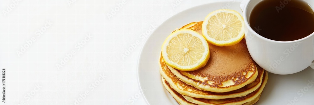 Poster delicious lemon pancakes with hot beverage served in a stylish setting during breakfast time. genera