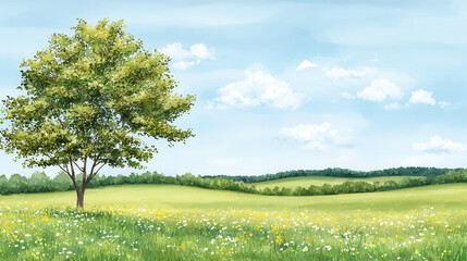 Fototapeta premium serene landscape featuring large tree in vibrant green field, surrounded by wildflowers and rolling hills under clear blue sky. scene evokes sense of tranquility and natural beauty