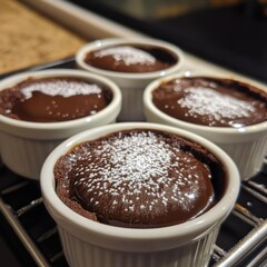 Four freshly baked chocolate souffl&eacute;s topped with powdered sugar in white ramekins.