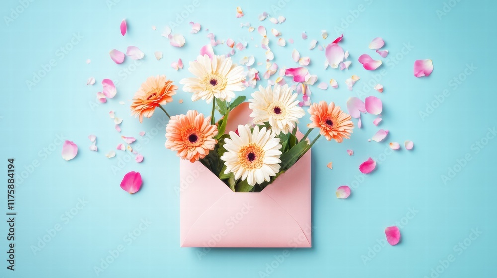 Poster bright flowers in an envelope with petals on a blue background create a cheerful and vibrant atmosph