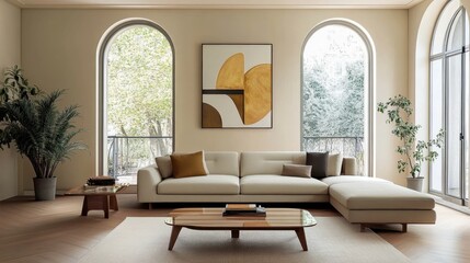 Modern minimalist living room, arched windows, natural light, beige sectional sofa, abstract circular artwork, wooden floors, potted plants, neutral color palette, spacious interior, clean lines, cozy
