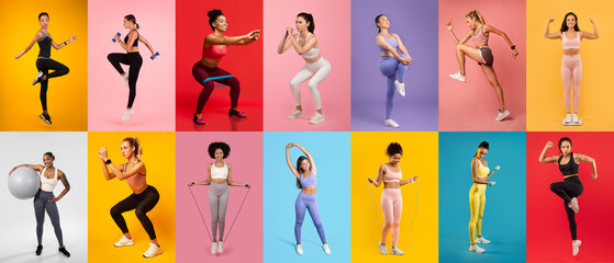 A group of women performs a variety of fitness exercises, showcasing strength and flexibility. The...