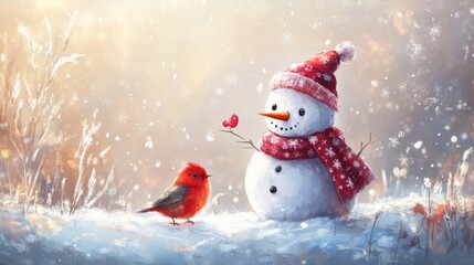 Fototapeta premium Snowman and Cardinal Winter Scene