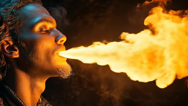 Dramatic fire breather performing against a dark background with fiery glow, perfect for circus, theater, or fantasy promotions