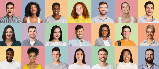 Positive Emotions Faces Collage. Set Of Diverse Human Portraits On Different Pastel Colored Backgrounds. Successful Young Millennial People Heads, Happy Multicultural Men And Women Headshots Mosaic.