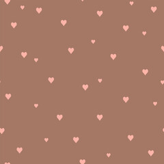 Brown seamless pattern with small pink hearts. Vector illustration.