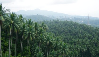 Lush tropical palm forest landscape, hills, travel