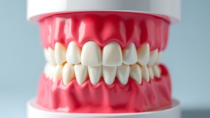 Obraz premium 3D model of dentures with gums, artificial teeth in dentistry, medicine and prosthetics.