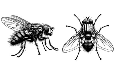 set of insects, Housefly (Musca domestica) minimalis lineart, transparant background 