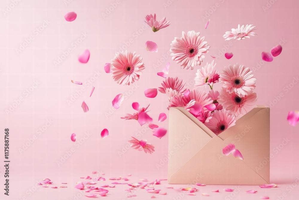 Aufkleber Pink flowers and petals burst from an envelope creating a joyful and vibrant display in soft pastel tones. Generative AI
