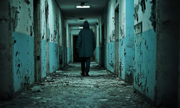 Person in Dark Hooded Jacket Walking Through an Abandoned Building Corridor with Peeling Walls and Eerie Atmosphere