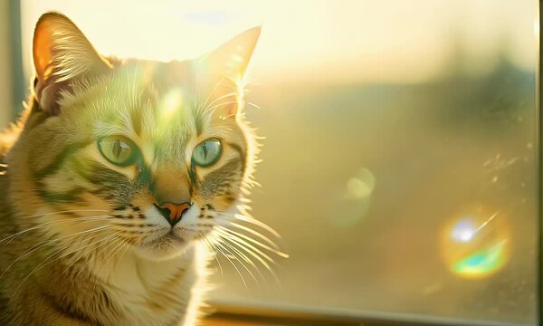 Close-Up of a Cat with Green Eyes Illuminated by Warm Golden Sunlight in a Soft and Serene Outdoor Setting