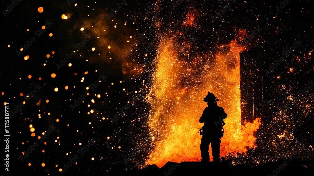 Poster silhouette of a fireman observing a burning building erupting in a shower of sparks during a nightti