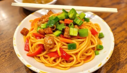 Noodles with vegetables and sauce on a plate